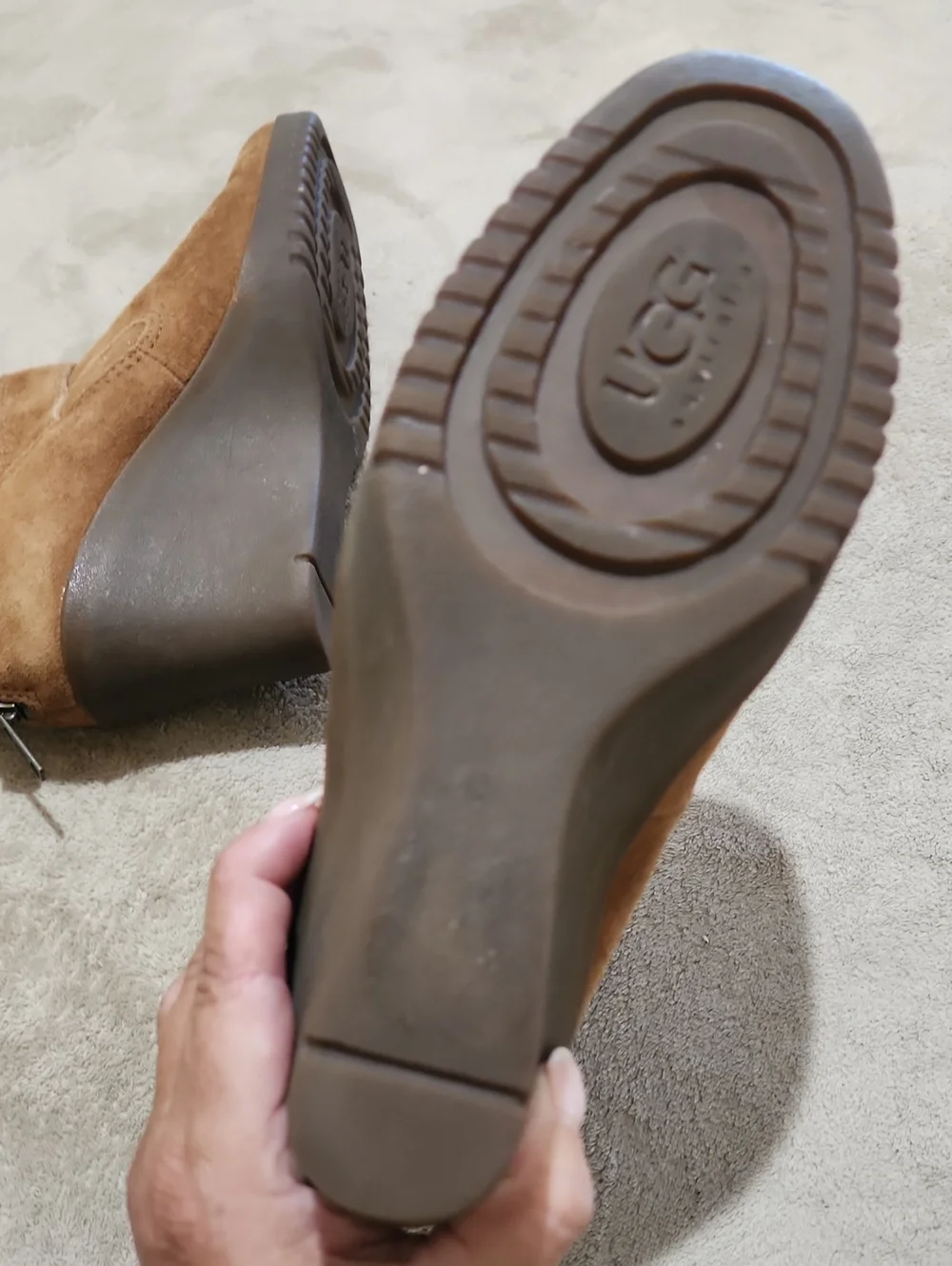 UGG In Very Good Condition  Brown Suede Wedge Boot with Buckle